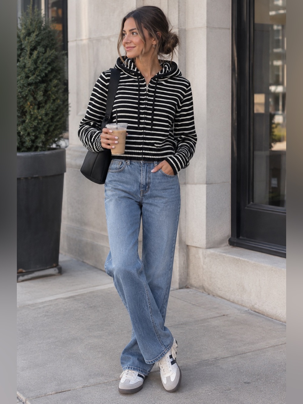 Harper Black and White Cropped Hooded Zip Sweater